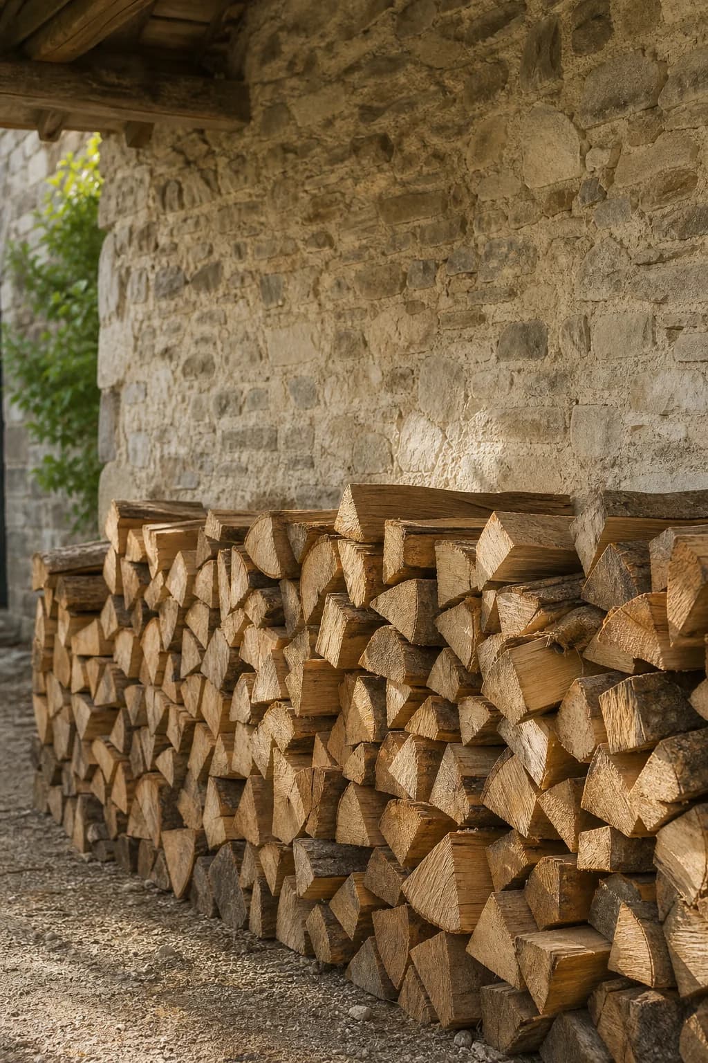 Bûches fendues empilées contre un mur de pierre